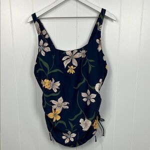 Shade & Shore Swim Top 2X Navy Blue Floral Print Ruched Sides Adj Straps NWT